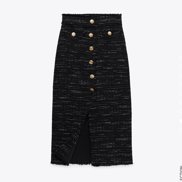 ZARA Black Tweed Textured Gold Buttons Skirt - Picture 4 of 11